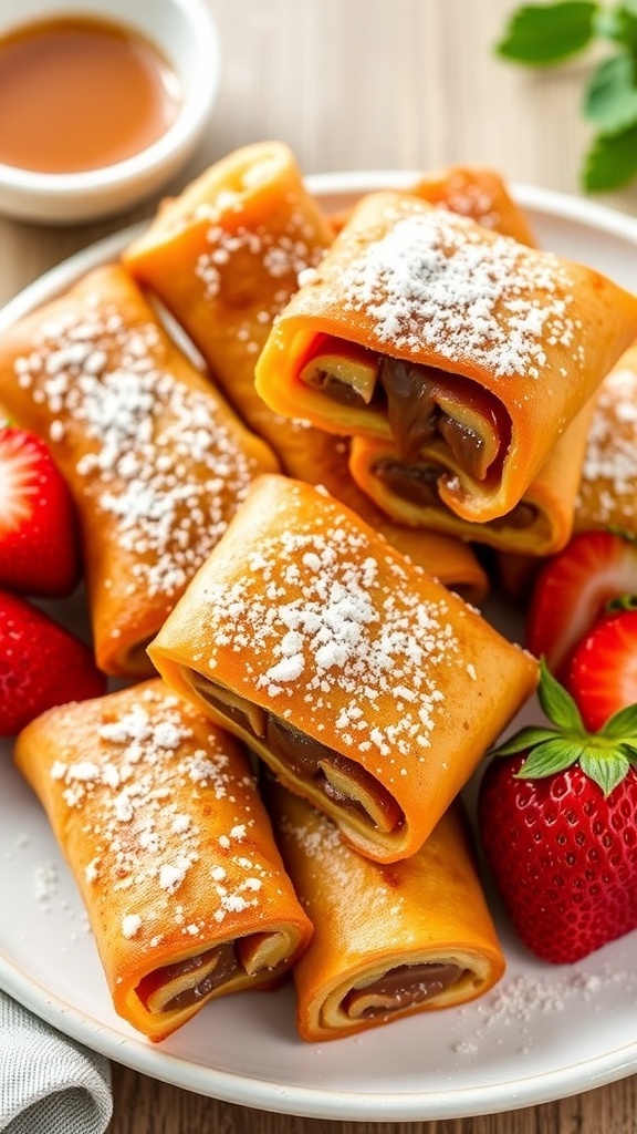 Nutella French Toast Roll-Ups in the Air Fryer Nutella French toast roll-ups on a plate with strawberries and maple syrup.